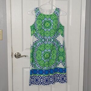 London Times Funky Floral Tile Print Cotton Green Blue & White Tank Dress Size 2
